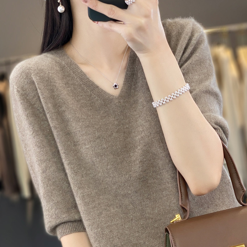 半袖针织衫女春秋薄款v领内搭宽松大码纯色套头五分袖打底衫体恤