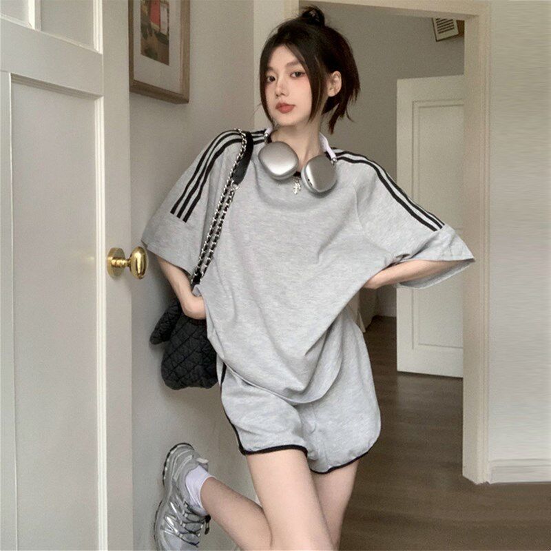 纯棉圆领短袖运动套装女夏季短裤宽松显瘦时尚韩版学生休闲两件套