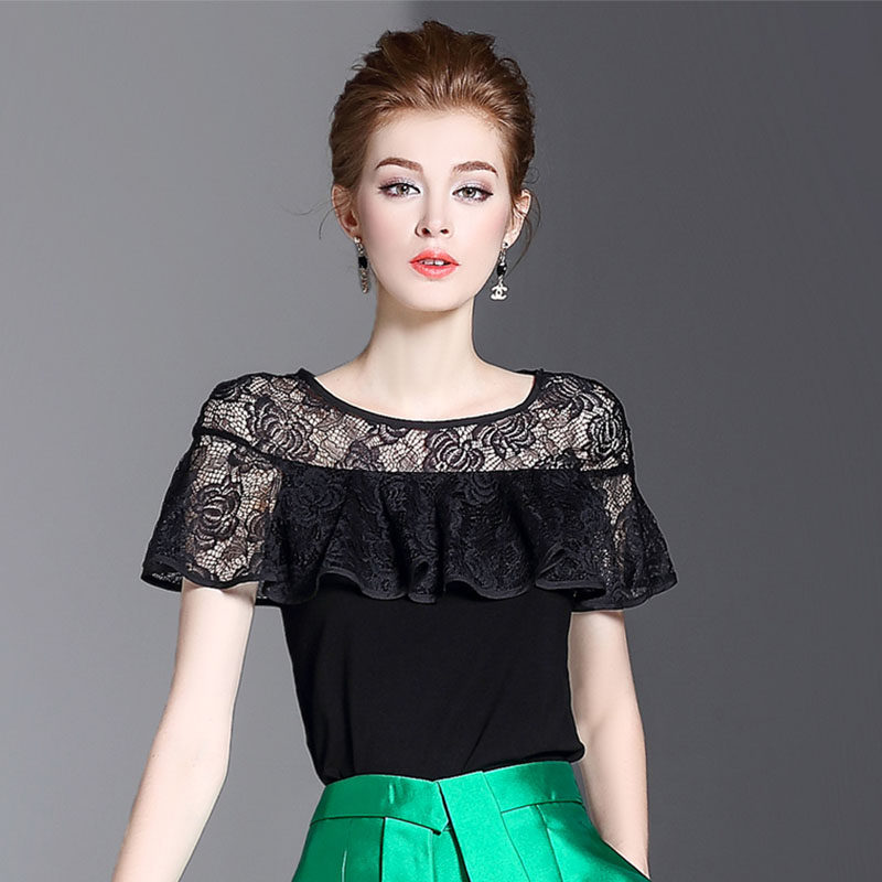 黑色t恤女短袖显瘦修身圆领纯棉体恤2020夏季荷叶边蕾丝上衣镂空