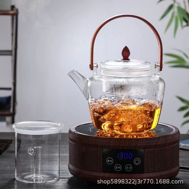 高硼硅玻璃电煮壶可煮水泡茶提梁C壶双层过滤高温人工吹制电煮壶