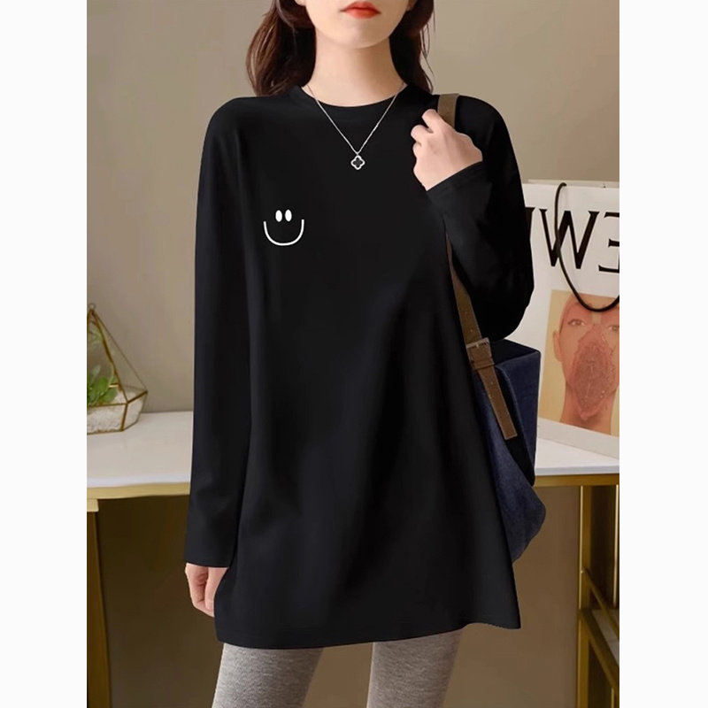 纯棉长袖T恤女春秋2025新款时尚黑色宽松圆领叠穿中长款印花上衣