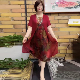 烫钻长裙 假两件妈妈连衣裙婚宴真丝礼服50岁60时尚 中老年夏装 新款