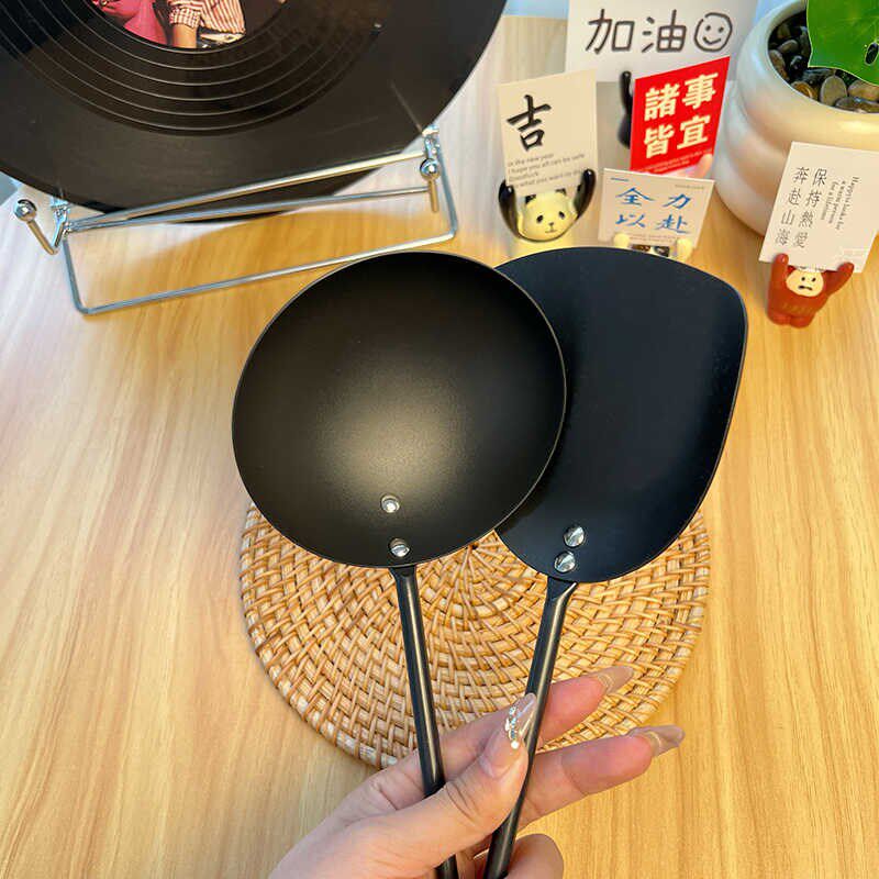 精铁无涂层炒勺~锅铲勺套装厨房用品木柄长把U炒菜锅铲汤勺子