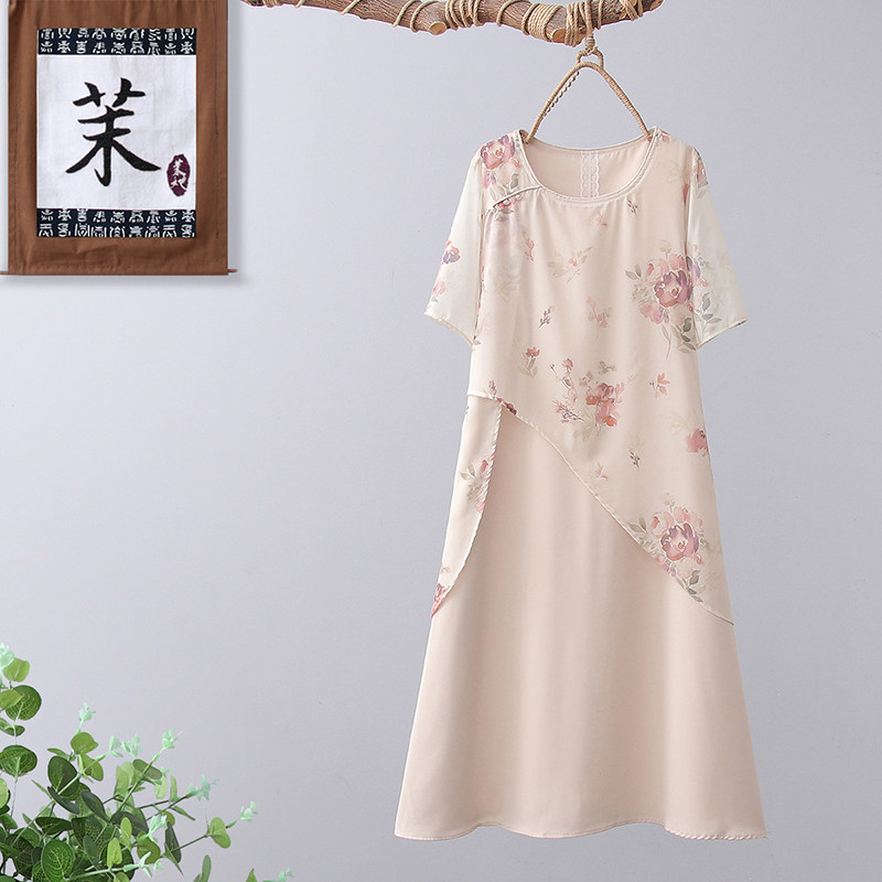 妈妈夏装新中式国风改良旗袍裙中老年女宽松显瘦洋气假两件连衣裙