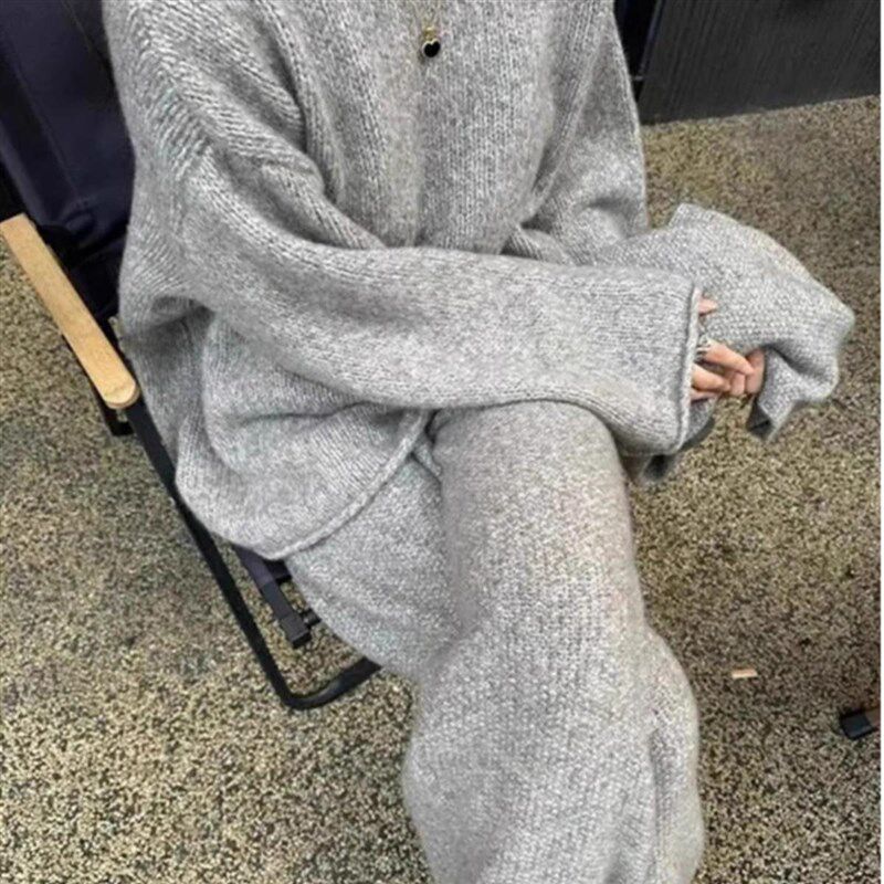 220纯色百搭慵懒风针织套装300斤特大码休闲加肥毛衣阔腿裤两件套