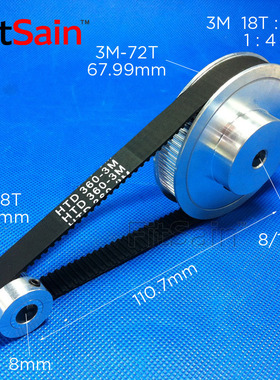 FitSain-3M 18齿:72齿1:4皮带轮同步轮减速带宽10中孔8/12mm