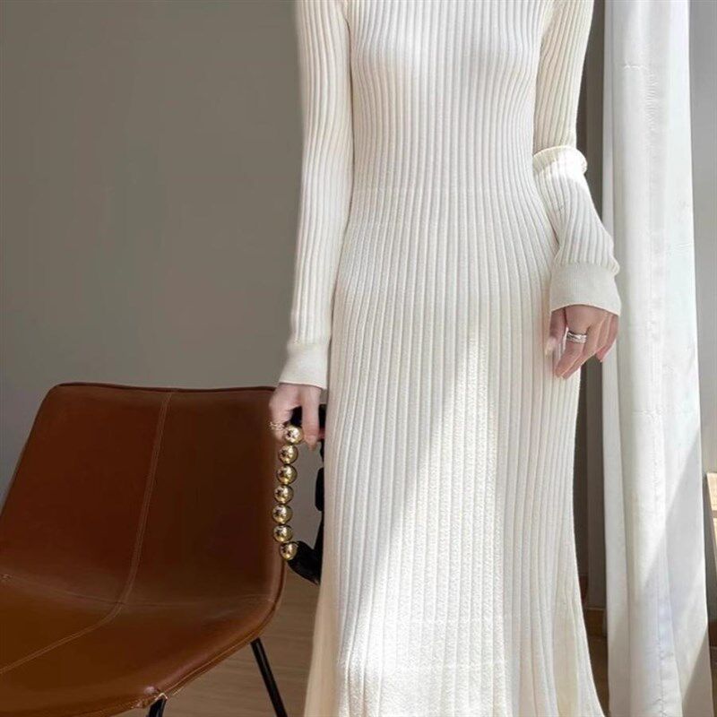 针织连衣裙女冬季修身长款过膝包臀荷叶边鱼尾裙内搭打底毛衣裙子