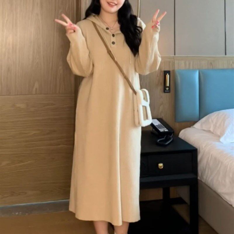 大码女装春秋针织连帽卫衣连衣裙胖mm宽松显瘦内搭打底毛衣长裙子