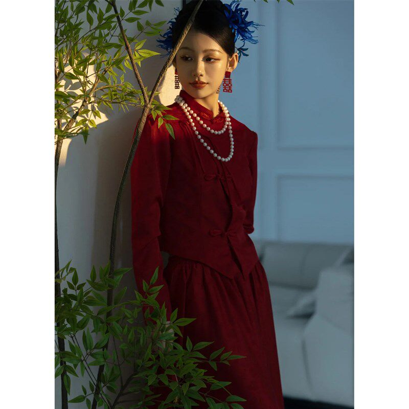 新中式国风敬酒服新娘红色改良旗袍新款秋冬季订婚礼服裙女回门服