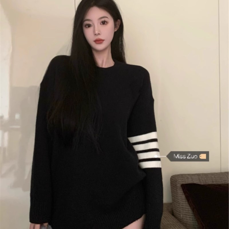 黑色毛衣女装秋冬中长版遮屁股2023新款美式复古慵懒风宽松针织衫