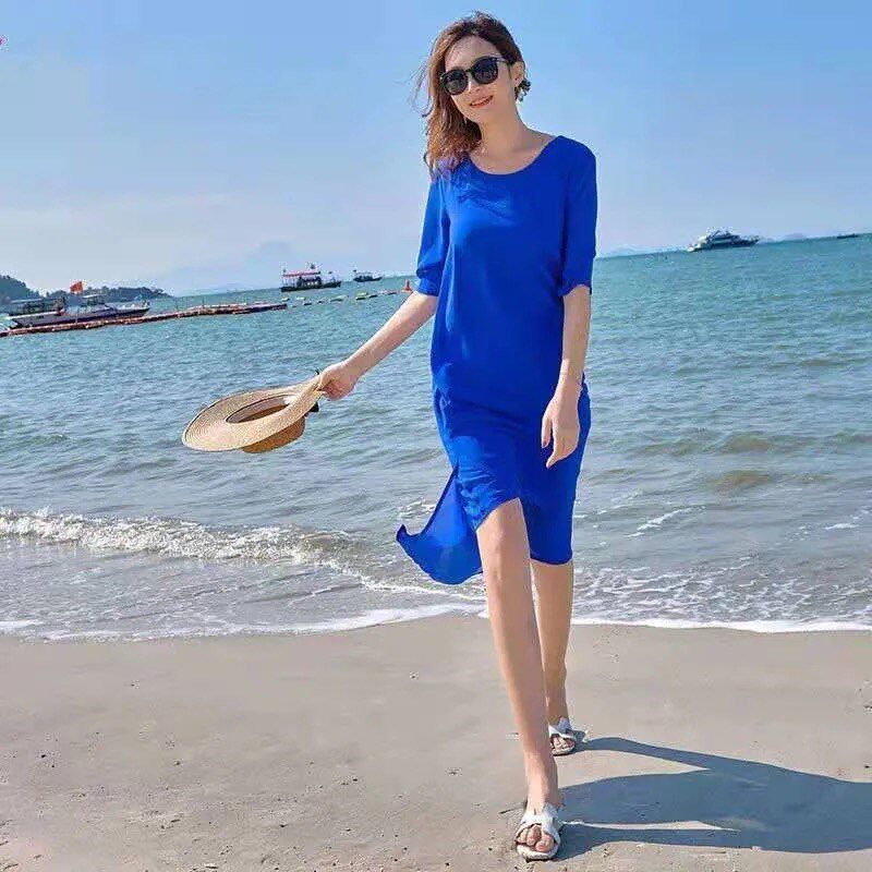 裙子女2023新款夏天蓝色雪纺连衣裙薄款高腰包臀气质沙滩长裙超仙