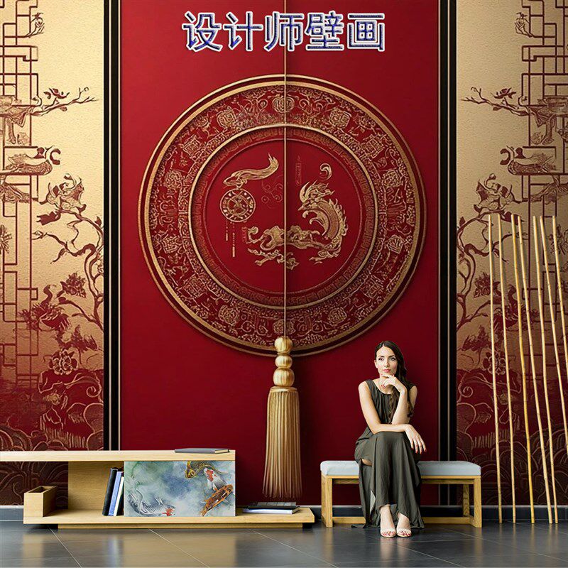 中式手绘中国红传统3d花纹壁纸喜庆龙凤呈祥墙布酒店婚庆背景墙纸