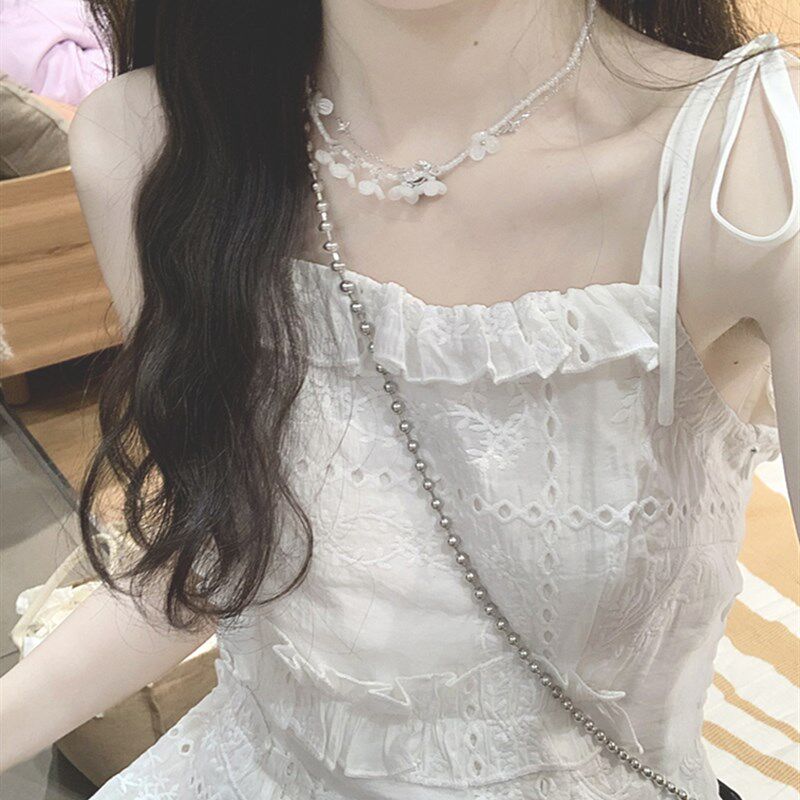 法式初恋白色刺绣吊带连衣裙女夏季小个子气质甜美仙女温柔风长裙