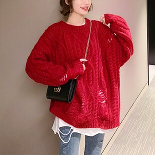 外穿 麻花粗毛线破洞针织衫 套头网红慵懒风宽松毛衣女2021新款 韩版