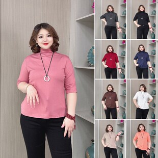 大码女装半高领纯色遮肚子显瘦上衣女T恤胖mm宽松百搭中袖打底衫