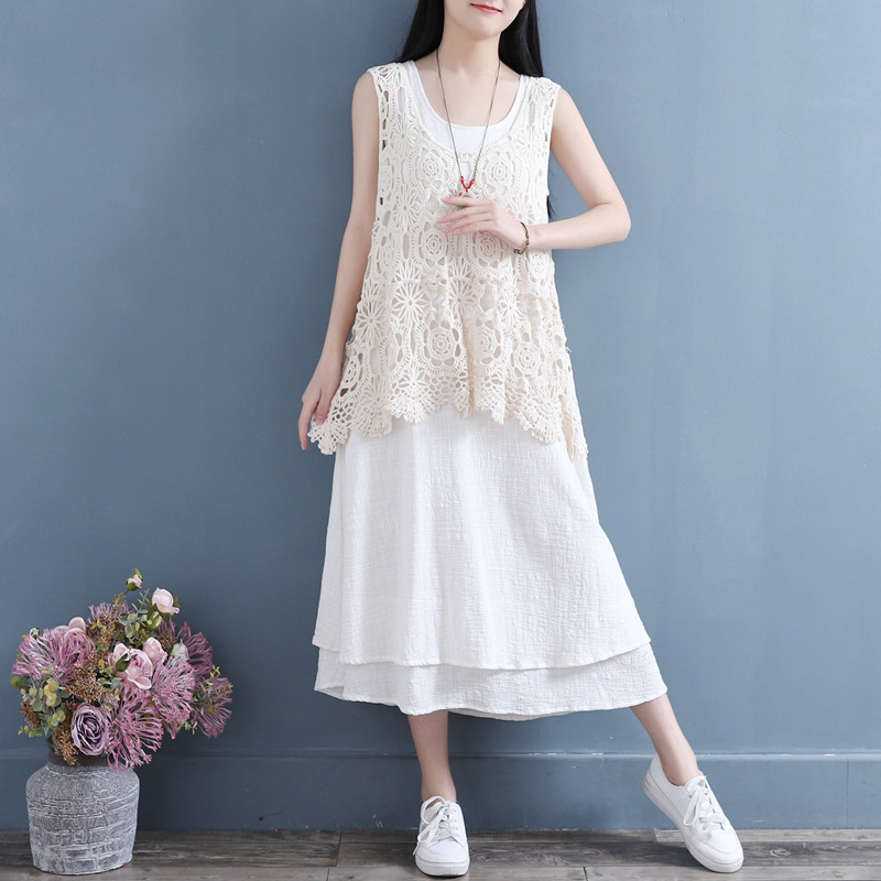 春夏背心女外穿宽松v领马甲无袖坎肩棉线针织外搭复古套头衫上衣