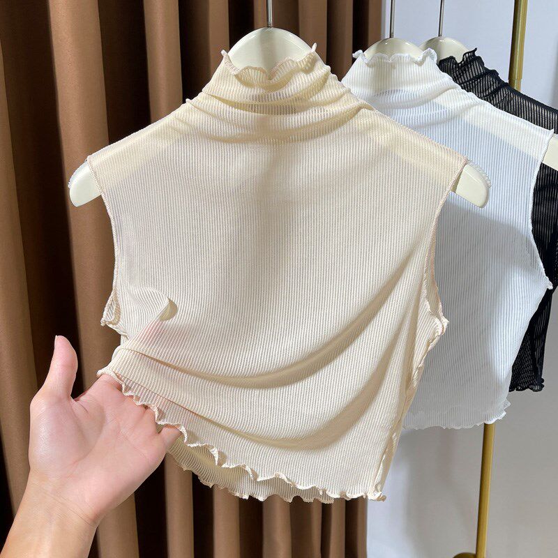 蕾丝假领子女秋冬2024新款高领网纱打底衫女无袖内搭短款背心上衣