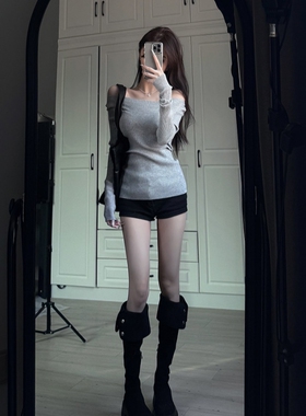早秋穿搭套装2024轻熟风纯欲一字领长袖针织衫女高腰百搭黑色短裤