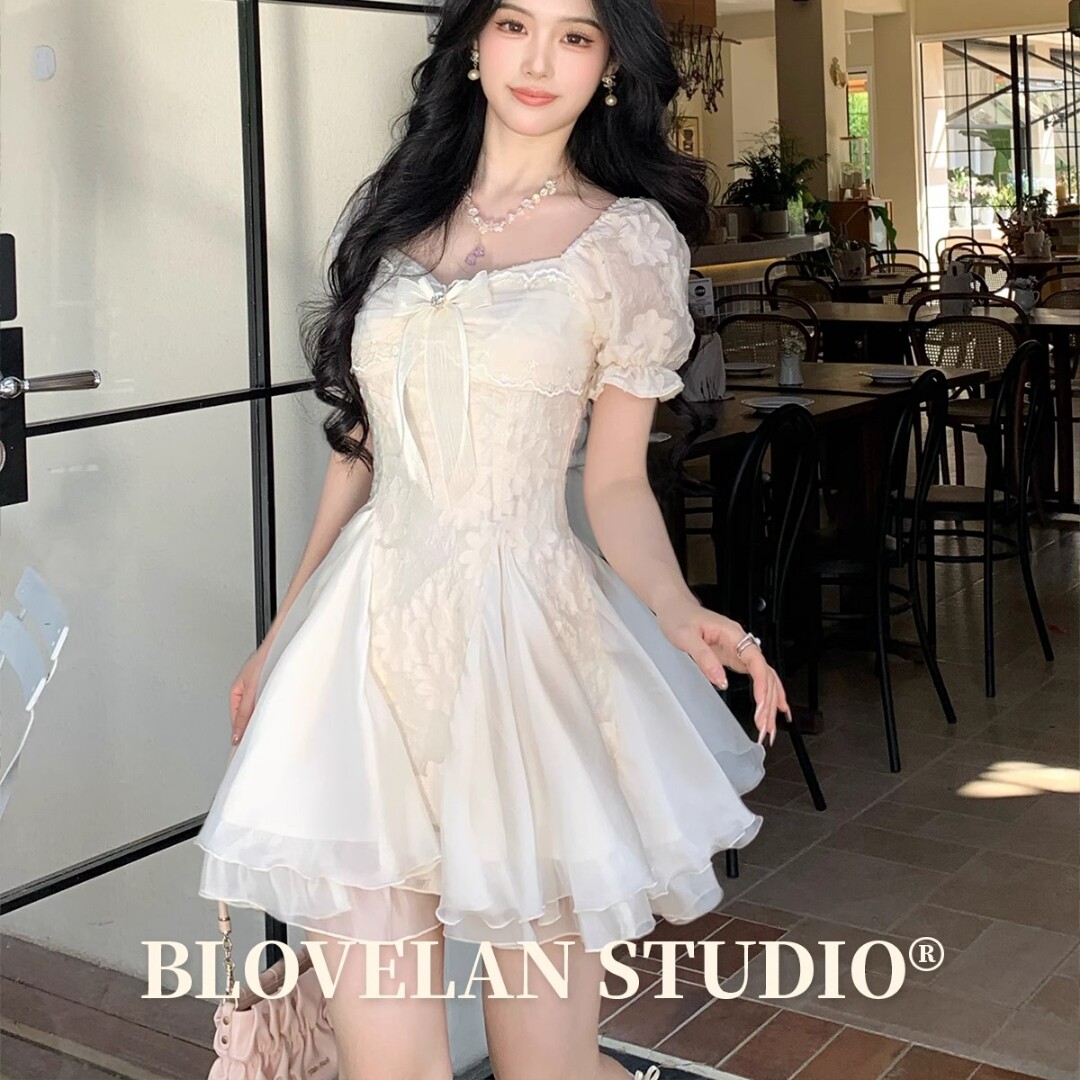 Blovelan白茶与风 纯欲白月光气质剪花蓬蓬网纱拼接连衣裙公主裙图片