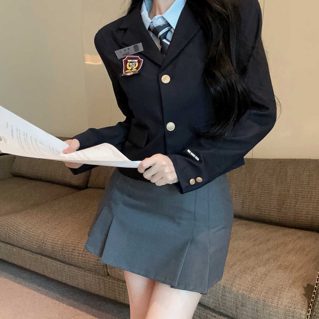 学院风jk制服西装外套女显瘦长袖藏青色西服短外套套装