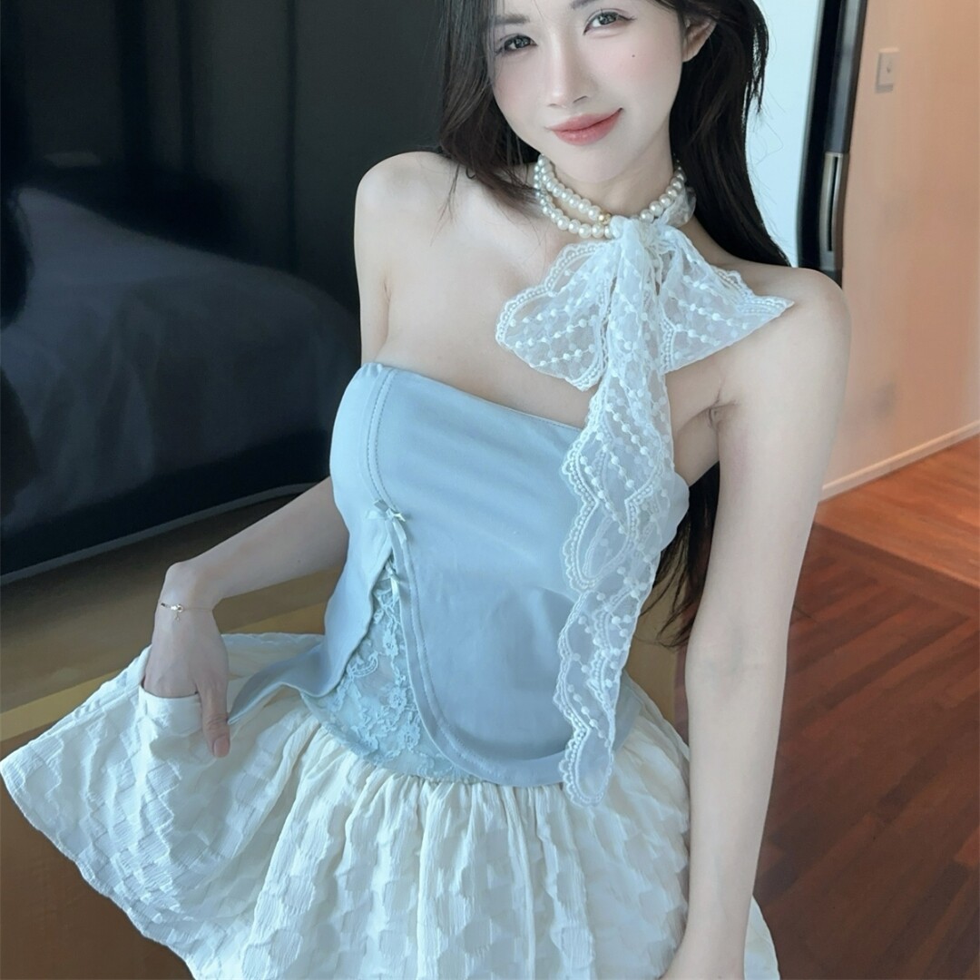 珍珠链蕾丝拼接设计感抹胸甜美上衣蓬蓬短裙女仙气套装