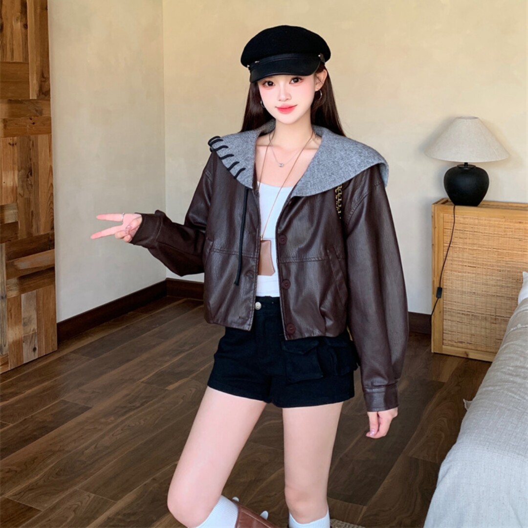 秋新款设计感海军领皮衣夹克女小个子休闲显瘦短款外套
