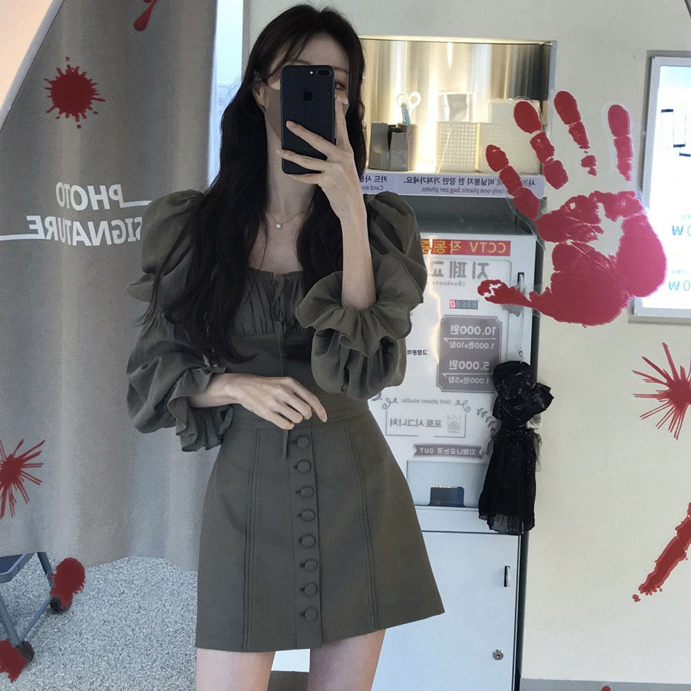 韩国chic 方领上衣收腰显瘦立体感长袖上衣女