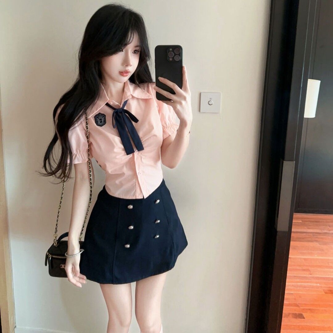 韩系学院风套装粉色jk制服衬衫高腰半身包臀裤裙两件套