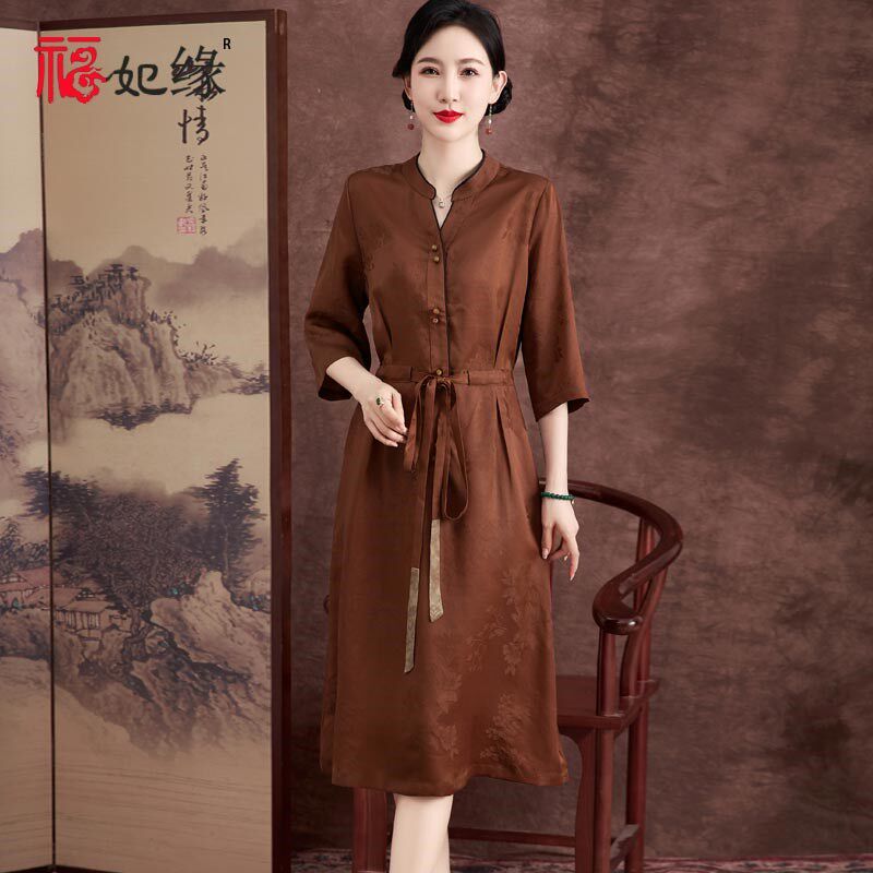 欧式红云纱真丝连衣裙长款2024春季新款气质优雅系带时尚年轻女装