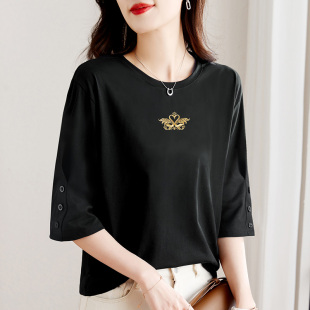 七分袖t恤女上衣夏季2024新款宽松半袖五分袖打底衫高端黑色体恤