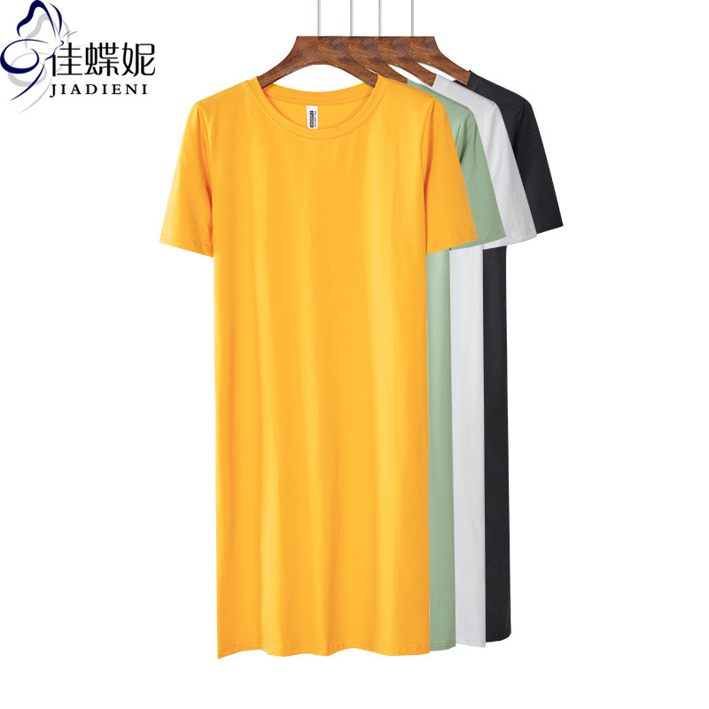 夏季新款韩版纯棉宽松圆领长款休闲短袖体恤内搭打底连衣裙女装