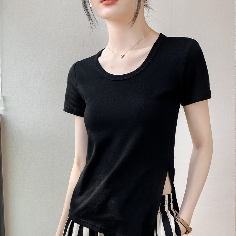 下摆开叉短袖t恤女夏季韩版修身显瘦圆领正肩上衣内搭纯棉打底衫