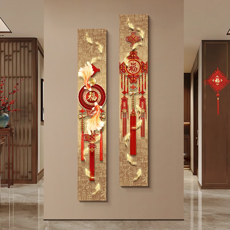 新中式九鱼图玄关装饰画福字中国结墙G壁画喜庆新年电视背景墙挂