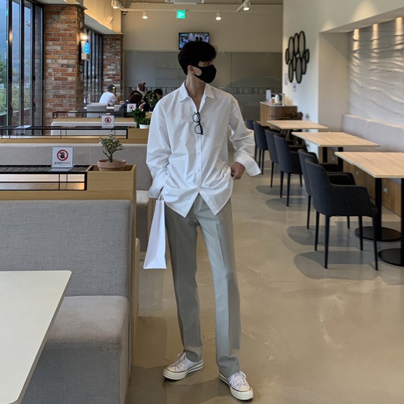春秋季新款帅气咖灰色衬衫男长袖韩版F潮流宽松商务休闲衬衣高级