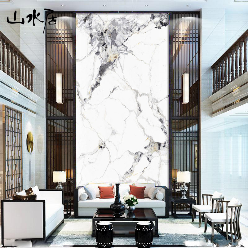 复式楼别墅挑高客厅跃层s电视背景墙壁纸壁画仿大理石烤瓷墙纸墙