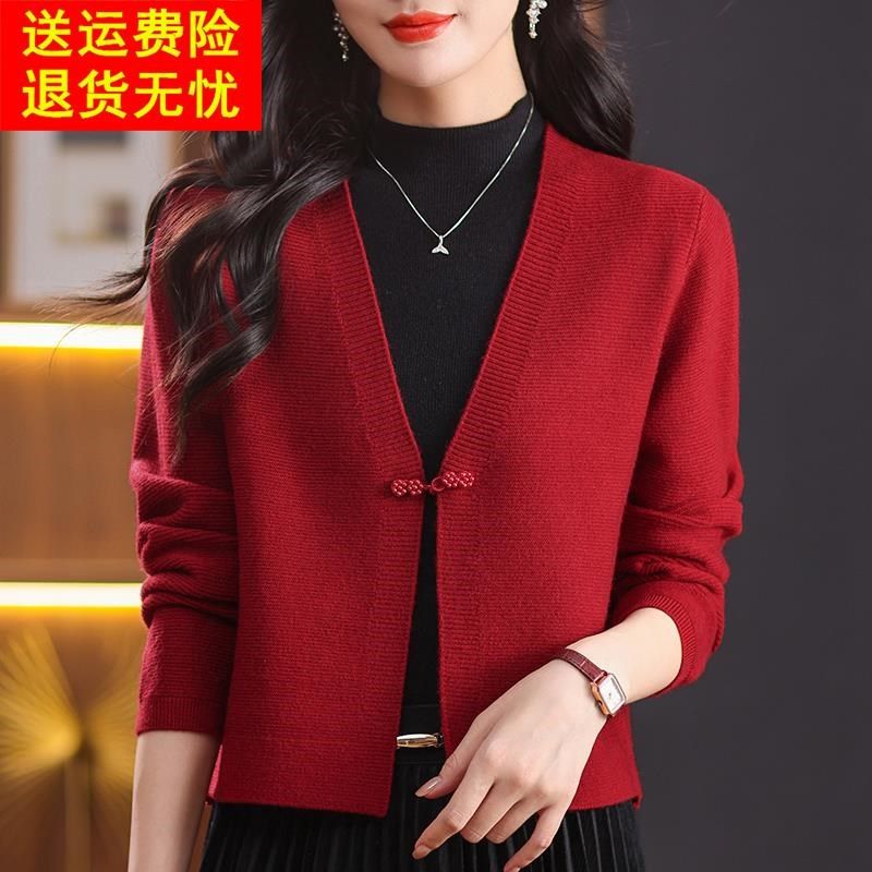春秋红色针织开衫女士披肩新中式盘扣毛衣外套高级感旗袍外搭短款