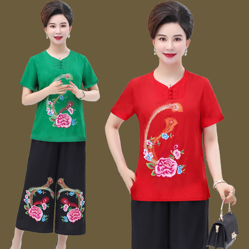 胖妈妈装棉麻刺绣两件套加肥加大码200斤中老年女夏唐装上衣套装