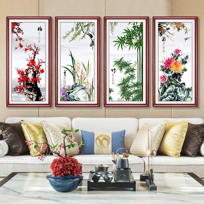 新中式梅兰竹菊挂画客厅沙发背z景墙画中国风壁画四条屏装饰画国