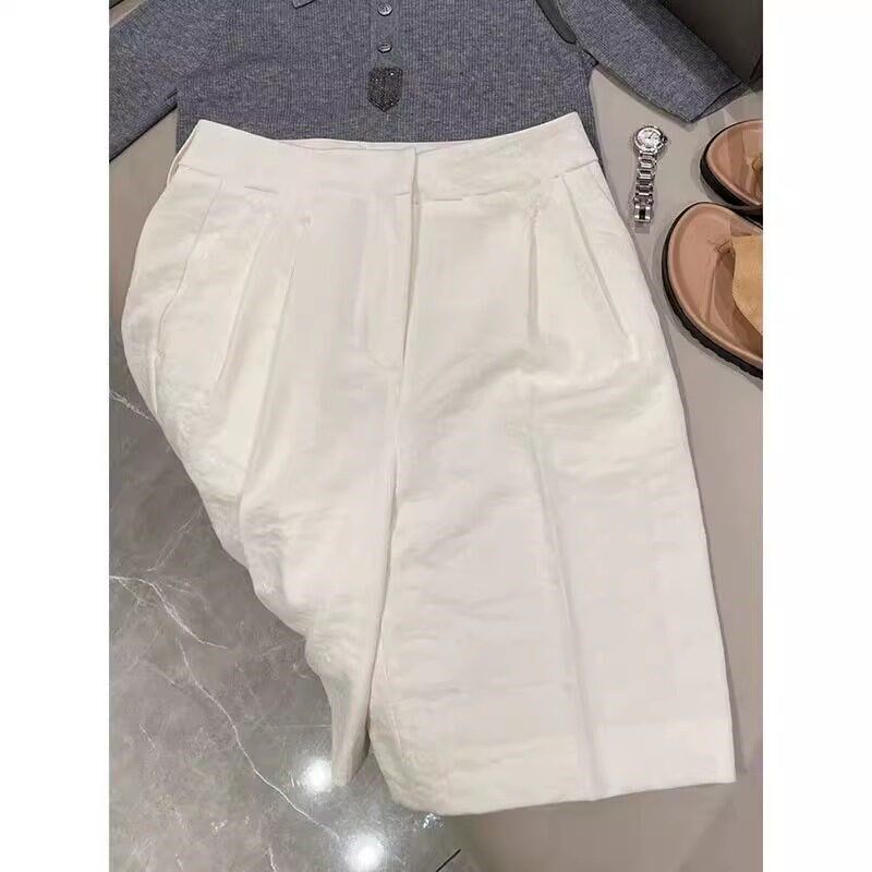 日系慵懒白色亚麻西装短裤女夏季新款高腰小众棉麻直筒休闲五分裤