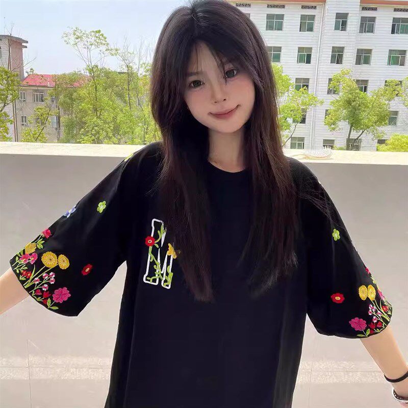 美式高街字母花卉刺绣短袖t恤男女纯棉宽松重工设计感情侣款上衣