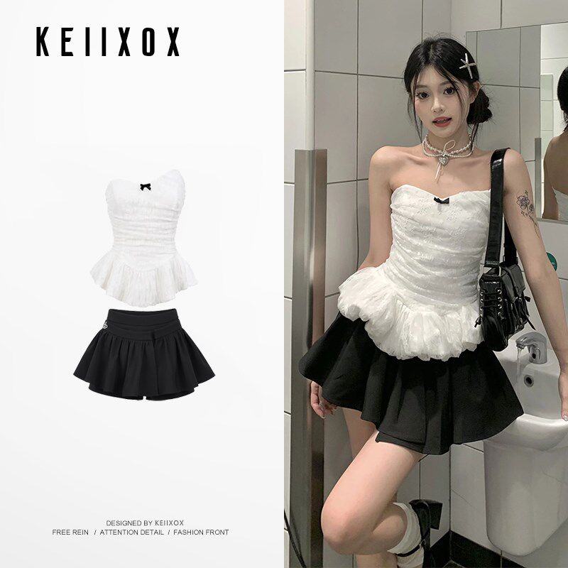 夏装一整套酷辣拽姐穿搭套装蕾丝抹胸上衣高腰a字短裙裤子两件套