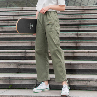军绿色裤子女夏季薄款大码工装裤春秋九分小个子直筒阔腿休闲宽松