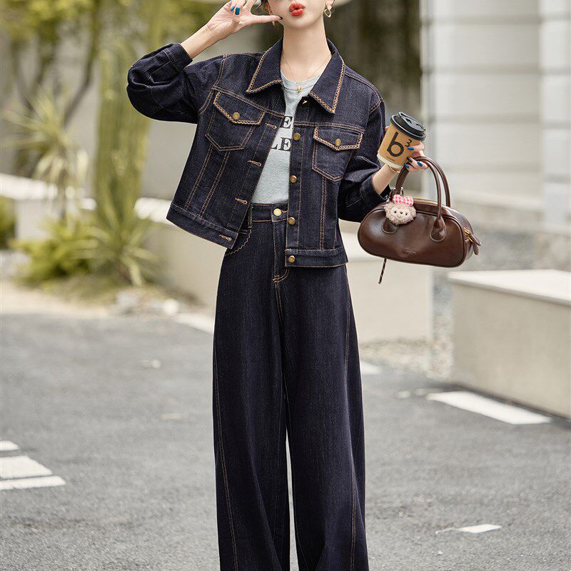 时尚牛仔套装女2025春秋新款气质显瘦减龄休闲短外套阔腿裤两件套