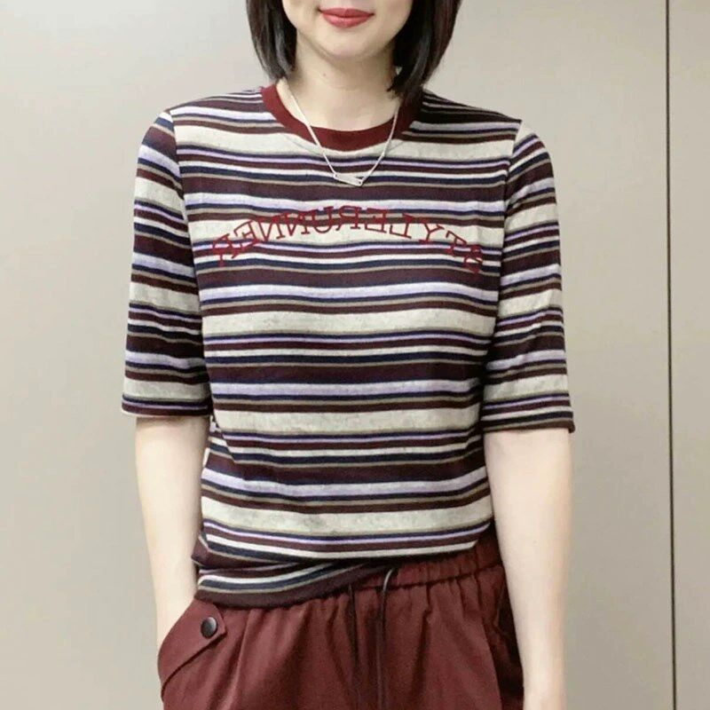 中袖纯棉条纹T恤女2025春夏新款韩版时尚刺绣打底衫洋气百搭上衣