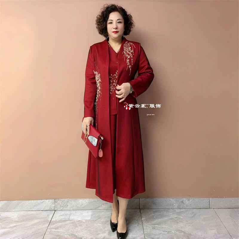 喜妈妈婚宴礼服春高贵年轻长袖高级感喜婆婆婚礼旗袍长款风衣外套
