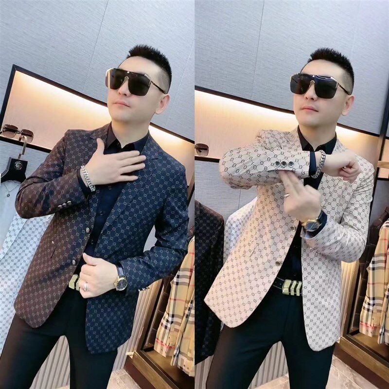 2106欧货早秋男款黑色西服上衣时尚印花礼服男春季休闲西装外套男
