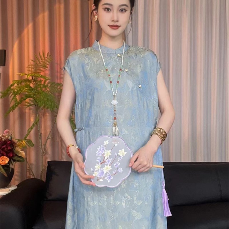 复古轻国风改良旗袍连衣裙织锦提花无袖小立领宽松版收腰显瘦长裙