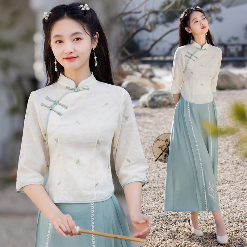 新中式旗袍连衣裙两件套年轻款日常少女唐装茶服套装学生民国风裙