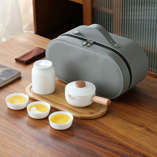 羊脂玉白瓷旅行功夫茶具套装便携收纳包户外侧把壶喝茶U器定制log