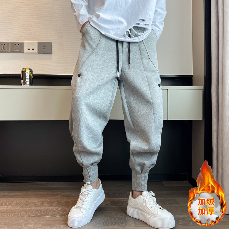 冬季加绒休闲灰色卫裤男韩版阔腿运动哈伦裤加厚保暖宽松束脚裤潮
